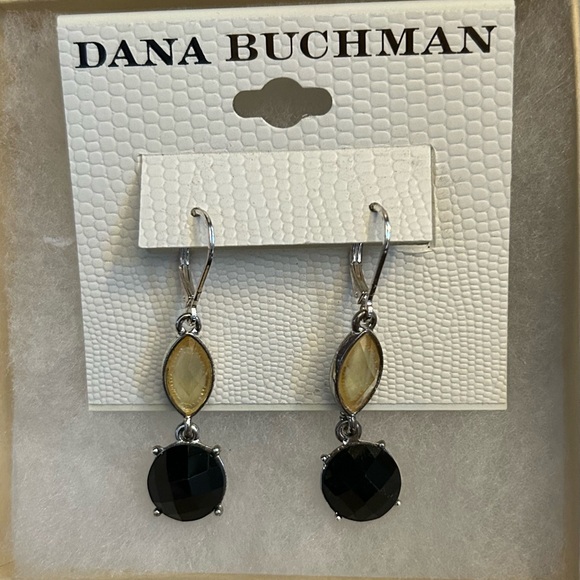 NWT Dana Buchman, silver dangle earrings with black and beige stones - Picture 1 of 5